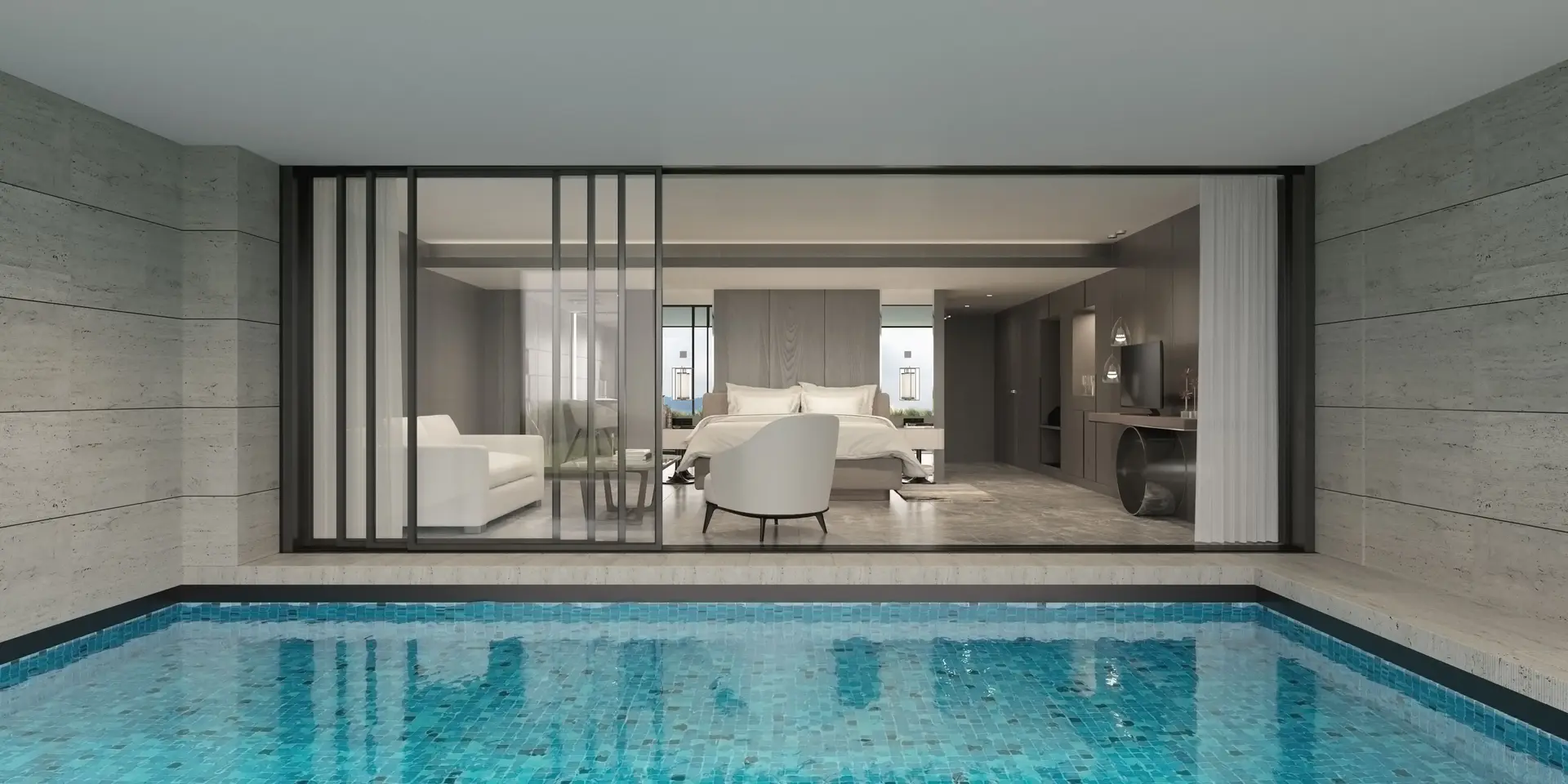 Suite med privat utsikt og rolige arkitektoniske linjer